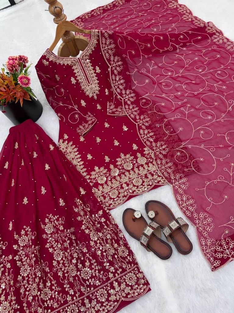Rani pure gmy silk with heavy embroidery sequence work top-palazzo and dupatta