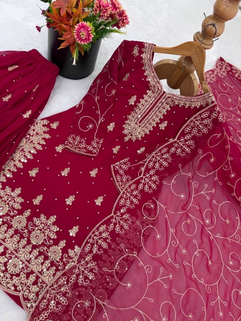 Rani pure gmy silk with heavy embroidery sequence work top-palazzo and dupatta