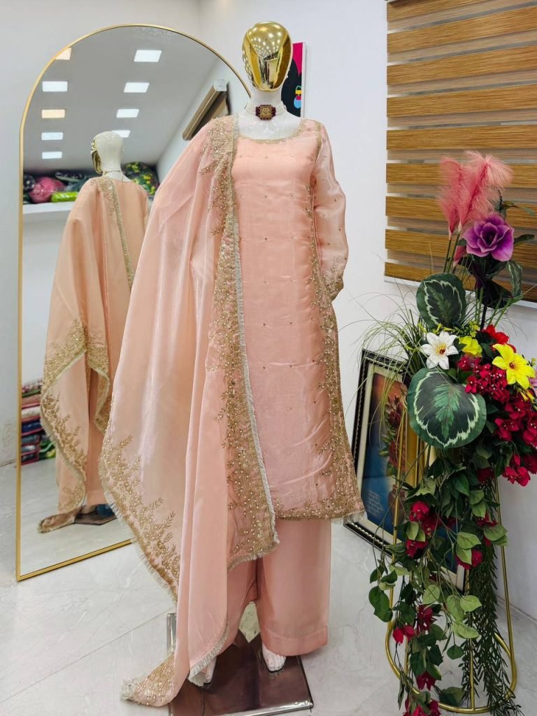 Light pink gmy chow embroidery sequence work top-palazzo and dupatta set