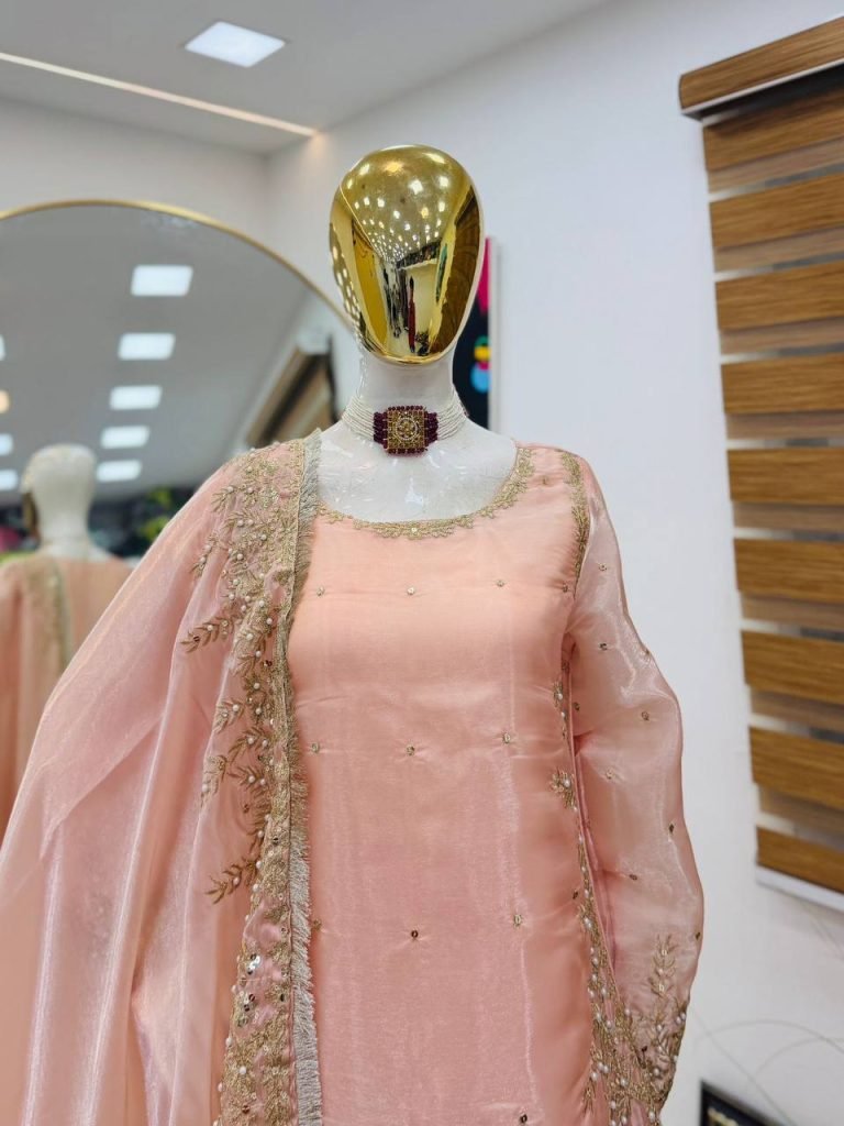 Light pink gmy chow embroidery sequence work top-palazzo and dupatta set