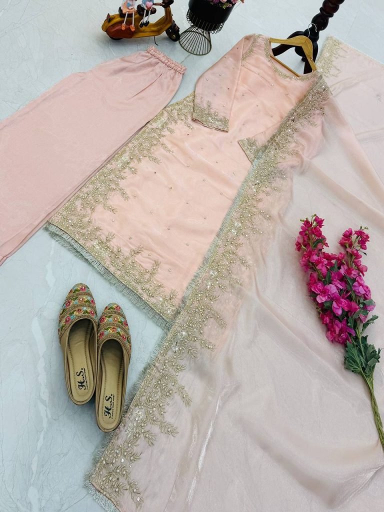Light pink gmy chow embroidery sequence work top-palazzo and dupatta set