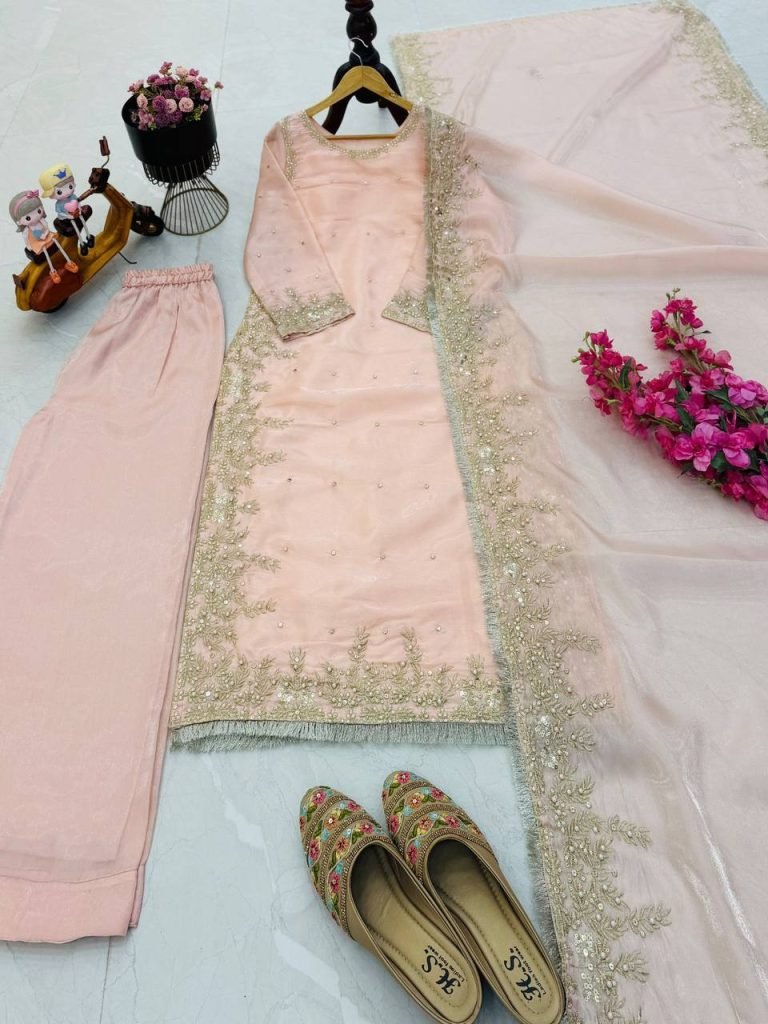 Light pink gmy chow embroidery sequence work top-palazzo and dupatta set