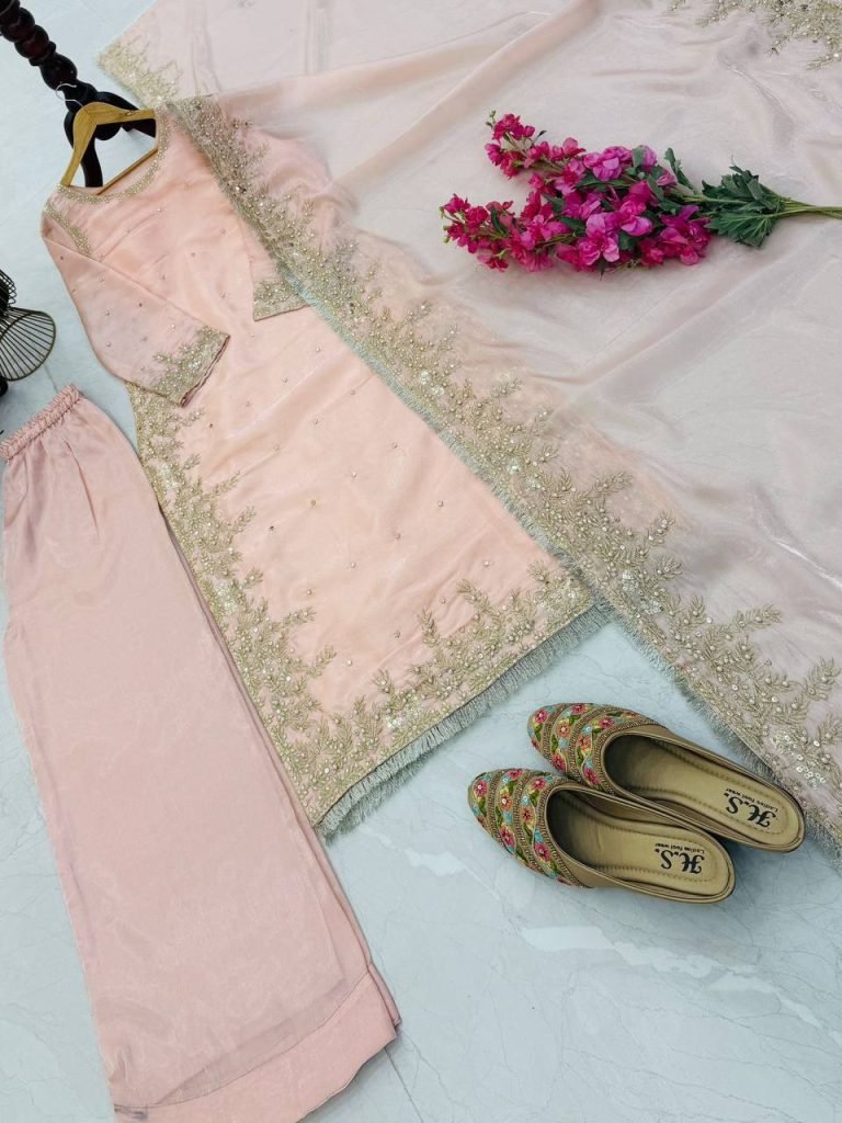 Light pink gmy chow embroidery sequence work top-palazzo and dupatta set