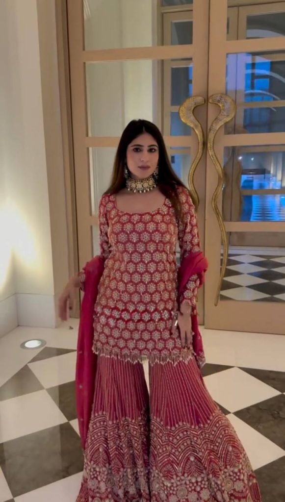 Red foux georgette thread with  sequence work top-sharara and dupatta set