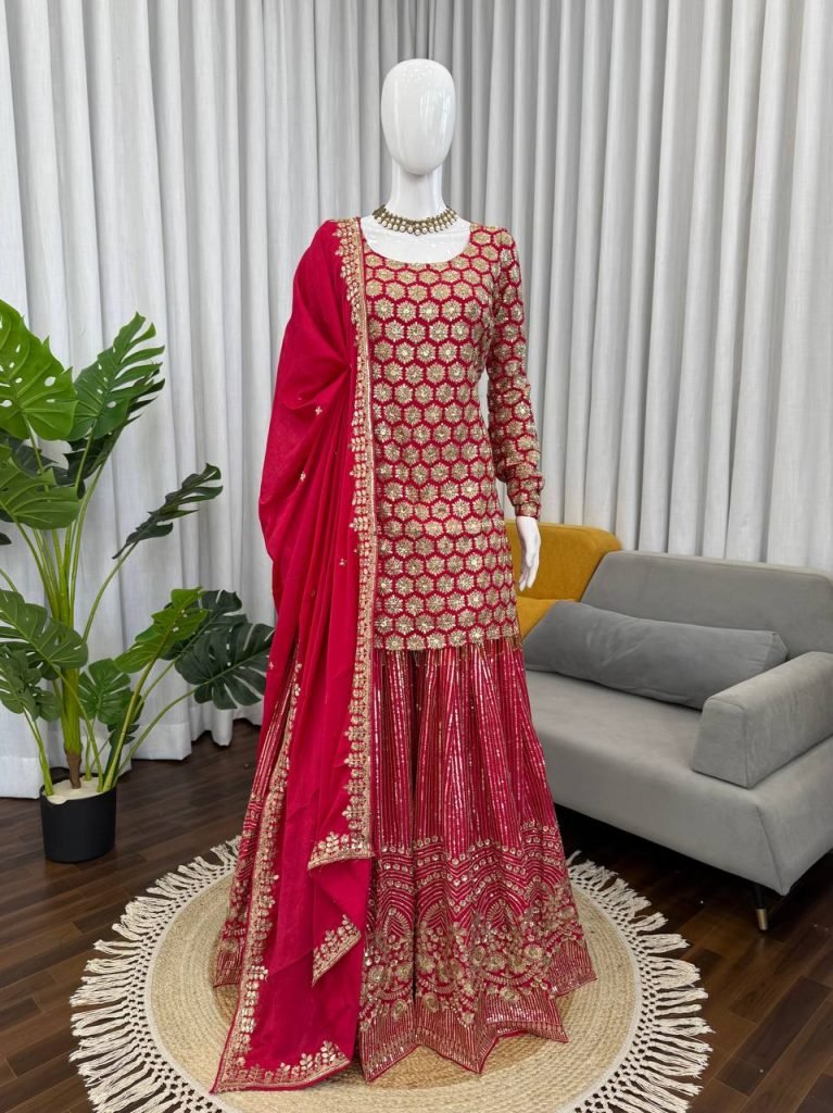 Red foux georgette thread with  sequence work top-sharara and dupatta set