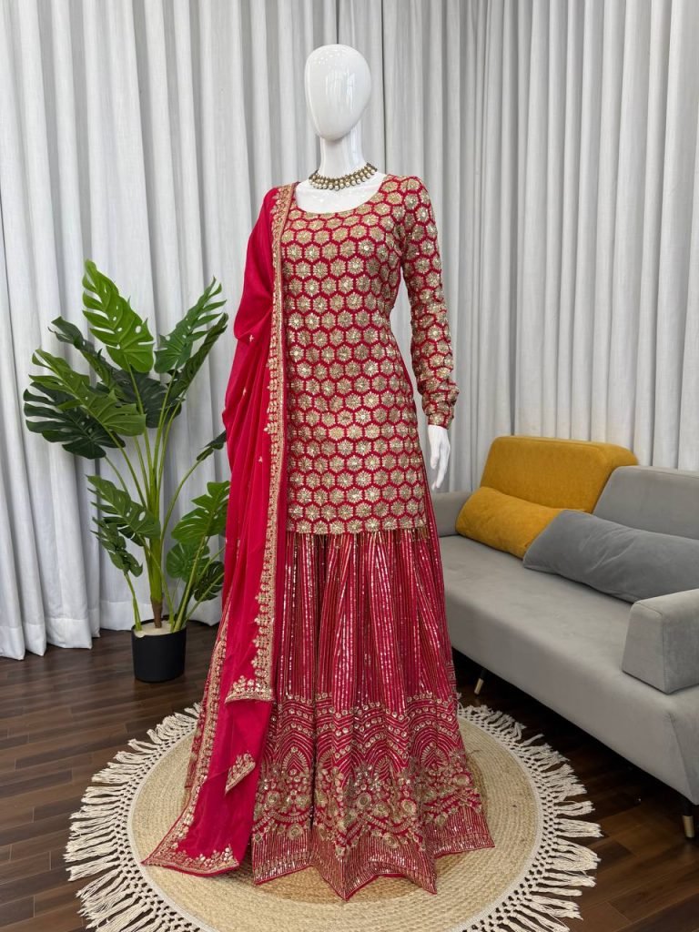 Red foux georgette thread with  sequence work top-sharara and dupatta set