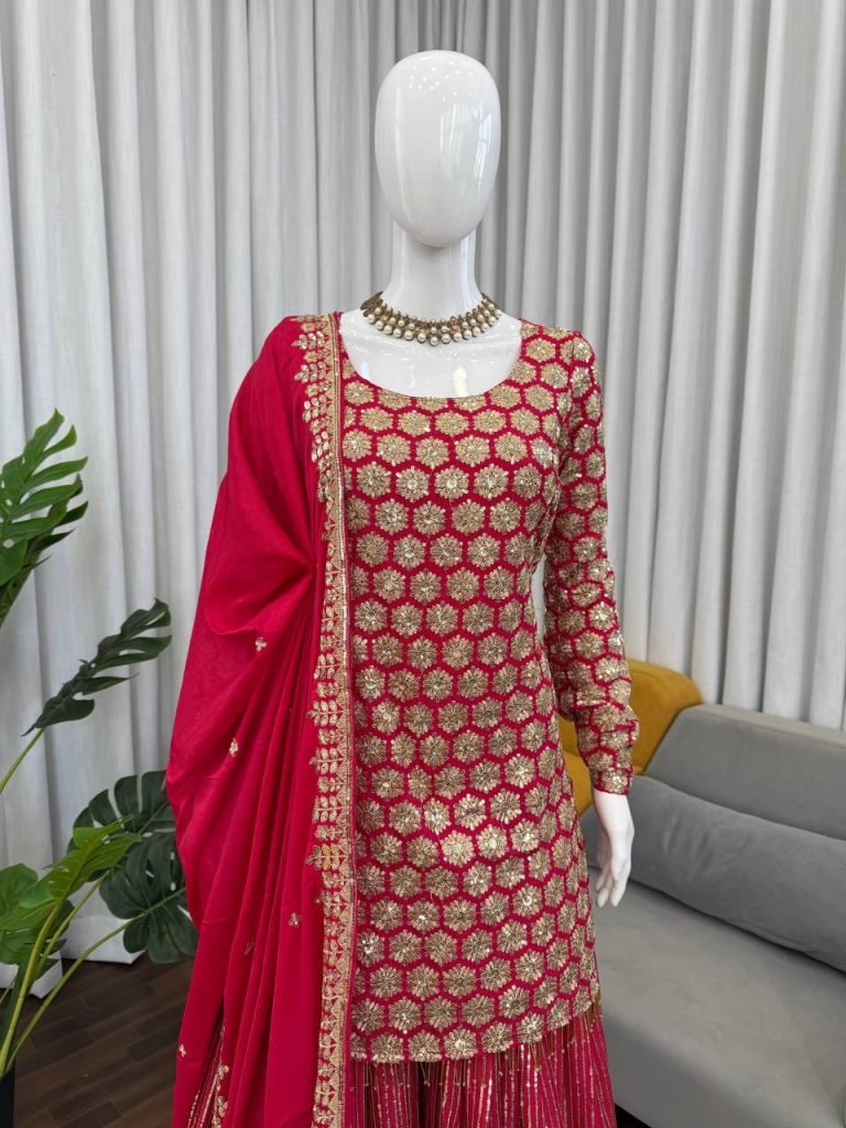 Red foux georgette thread with  sequence work top-sharara and dupatta set
