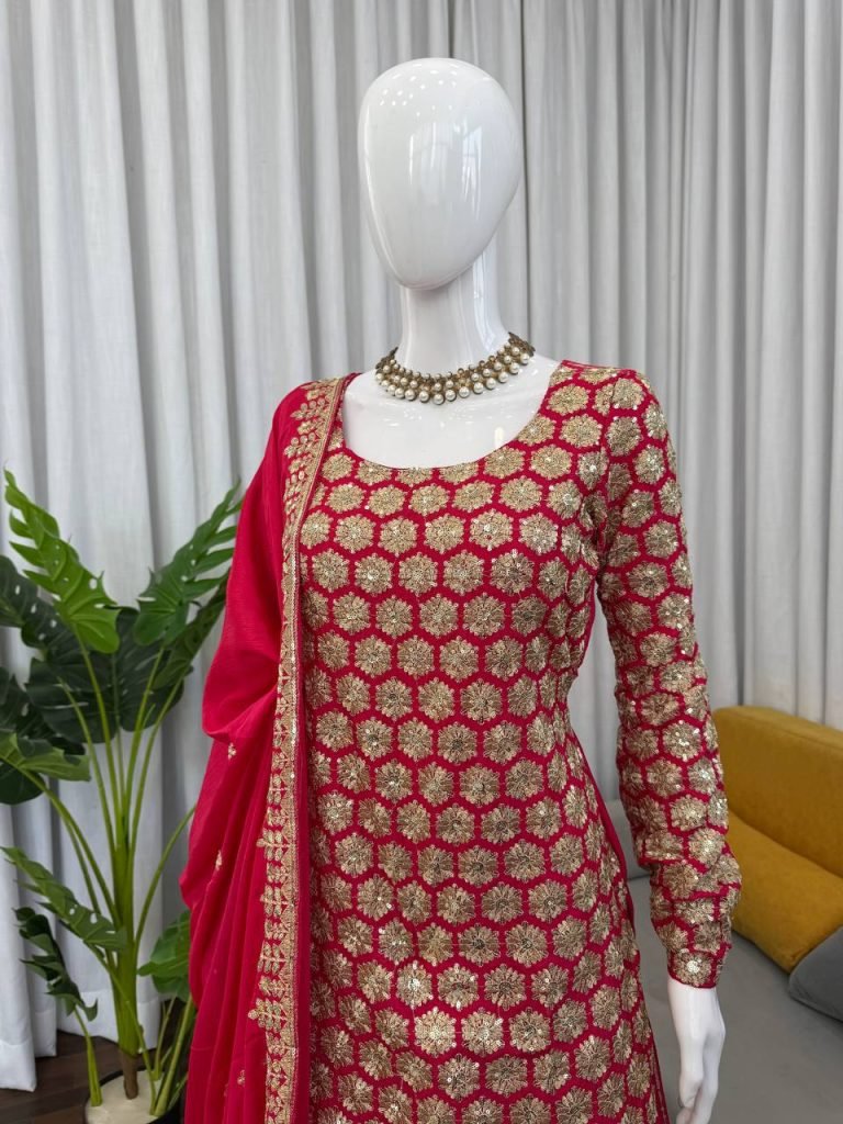 Red foux georgette thread with  sequence work top-sharara and dupatta set