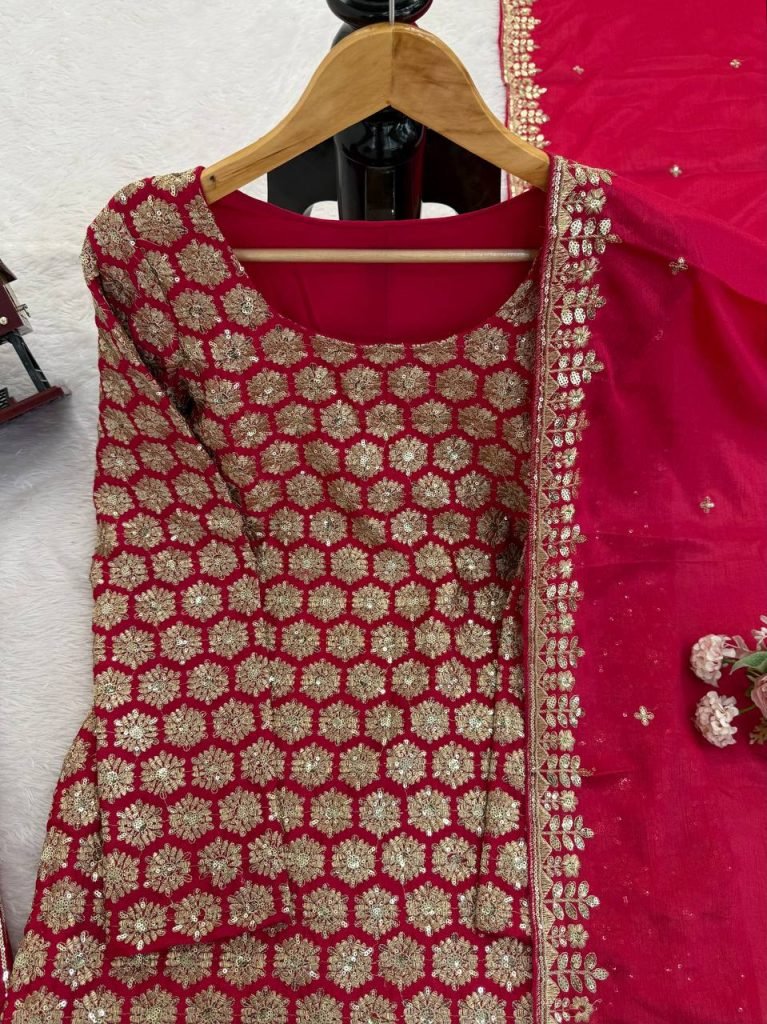Red foux georgette thread with  sequence work top-sharara and dupatta set
