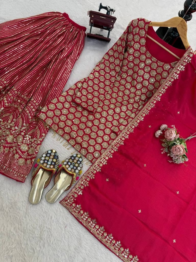 Red foux georgette thread with  sequence work top-sharara and dupatta set