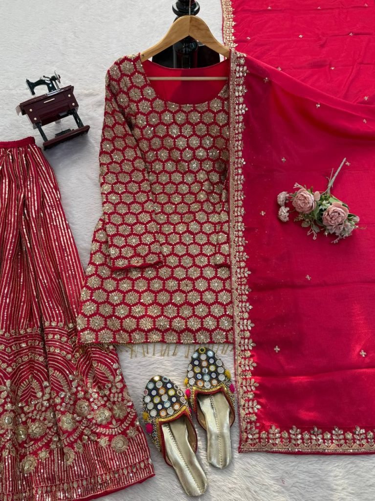 Red foux georgette thread with  sequence work top-sharara and dupatta set