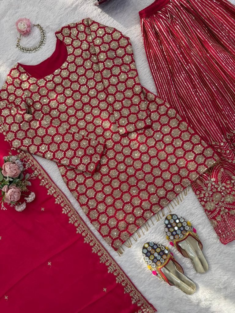 Red foux georgette thread with  sequence work top-sharara and dupatta set