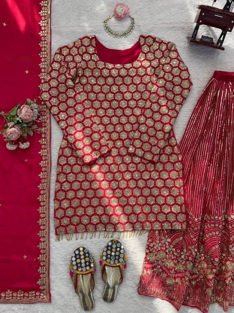 Red foux georgette thread with  sequence work top-sharara and dupatta set