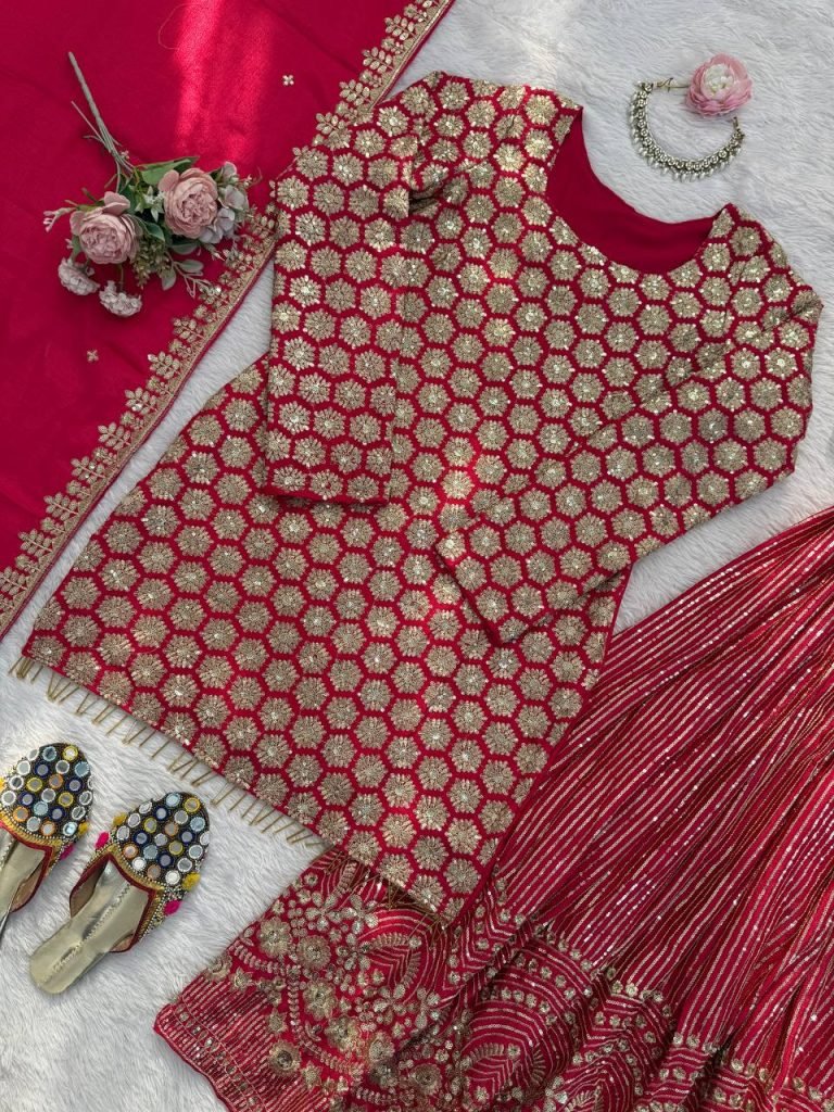 Red foux georgette thread with  sequence work top-sharara and dupatta set