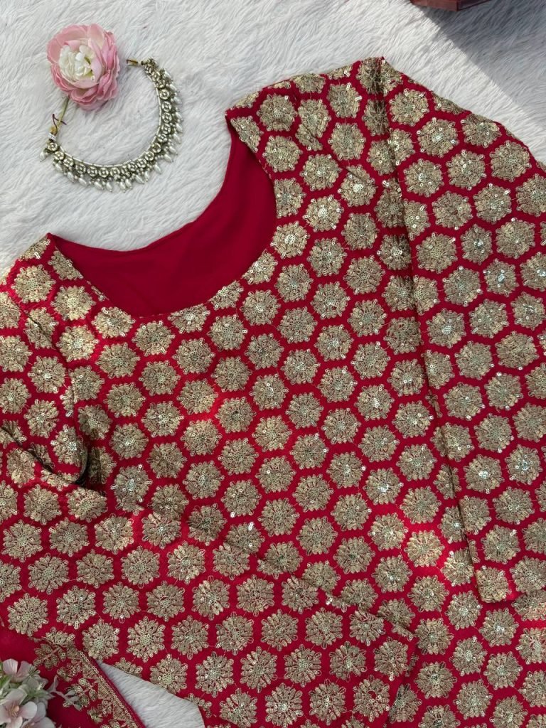 Red foux georgette thread with  sequence work top-sharara and dupatta set