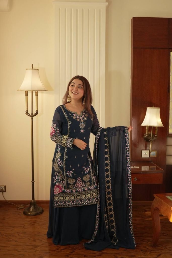 Navy blue georgette sequence embroidery work kurti palazzo and dupatta