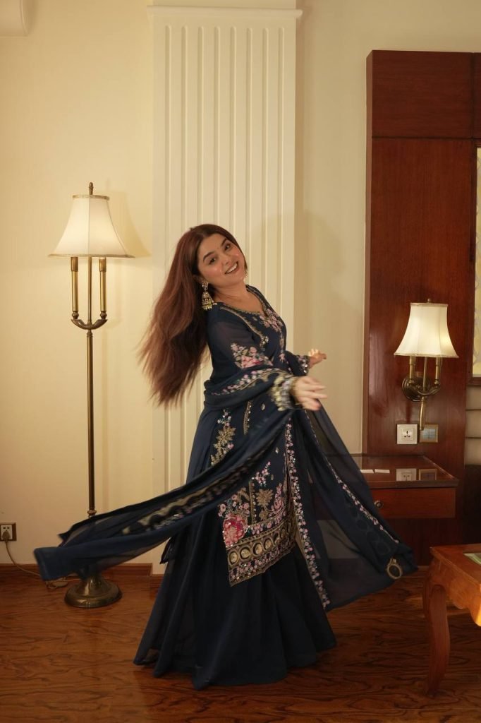 Navy blue georgette sequence embroidery work kurti palazzo and dupatta