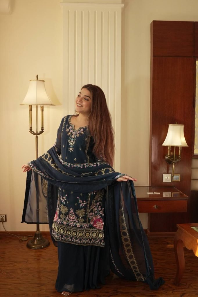 Navy blue georgette sequence embroidery work kurti palazzo and dupatta