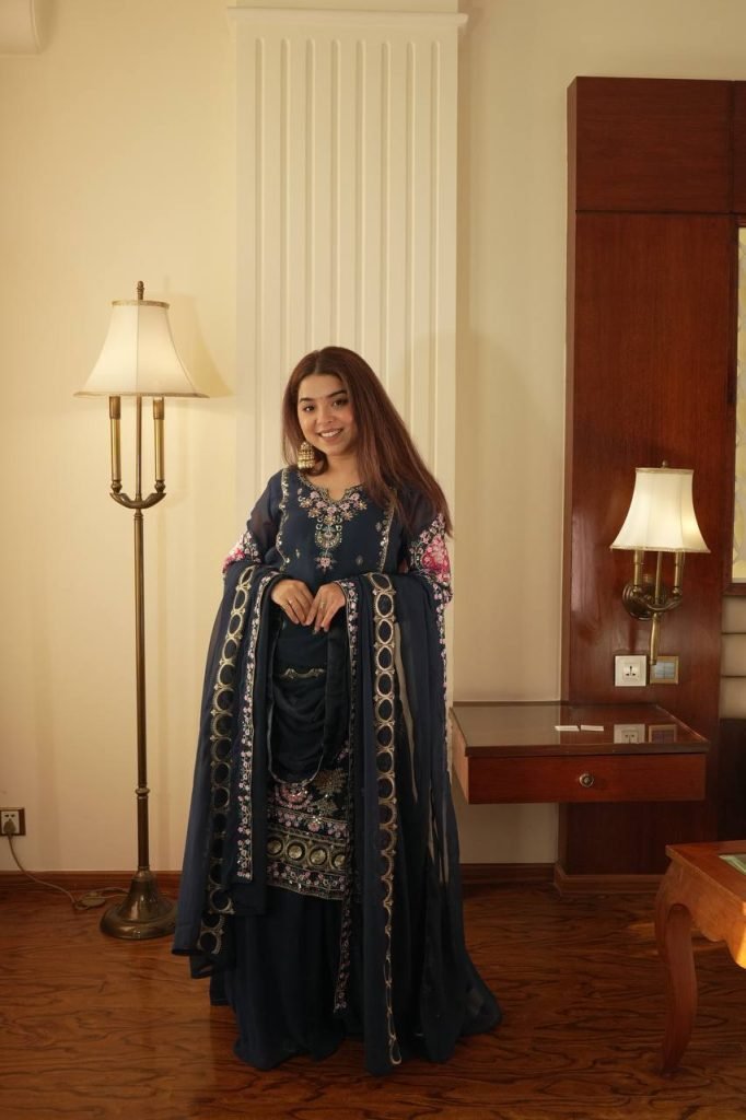 Navy blue georgette sequence embroidery work kurti palazzo and dupatta