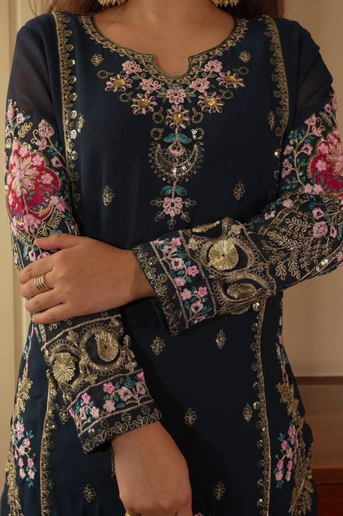 Navy blue georgette sequence embroidery work kurti palazzo and dupatta