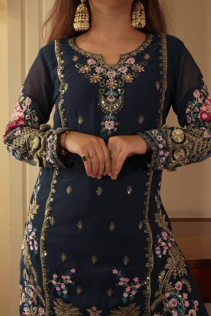 Navy blue georgette sequence embroidery work kurti palazzo and dupatta