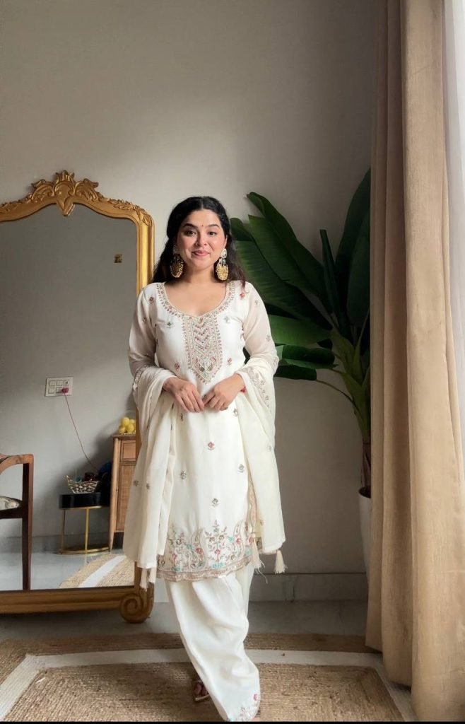 White chinon sequence embroidery work kurti salwar and dupatta