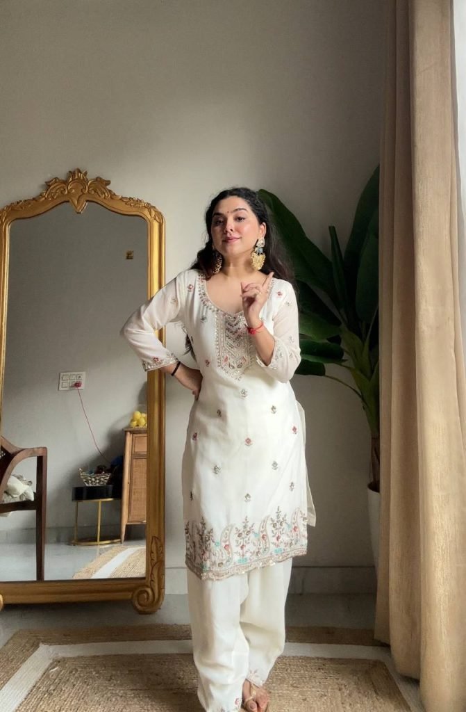 White chinon sequence embroidery work kurti salwar and dupatta