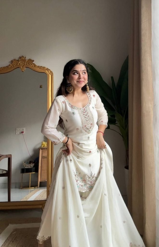 White chinon sequence embroidery work kurti salwar and dupatta