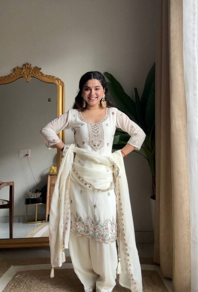 White chinon sequence embroidery work kurti salwar and dupatta