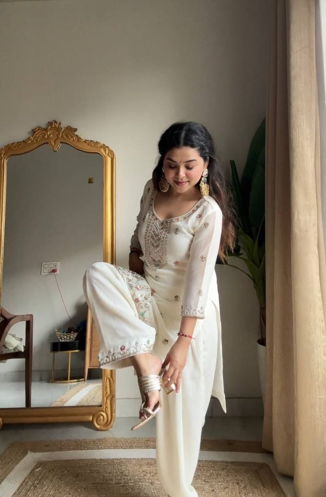 White chinon sequence embroidery work kurti salwar and dupatta