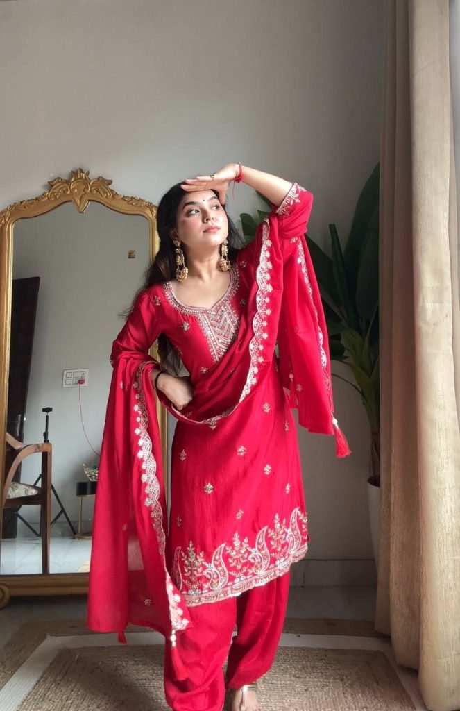 Pink chinon sequence embroidery work kurti salwar and dupatta