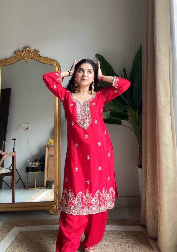 Pink chinon sequence embroidery work kurti salwar and dupatta
