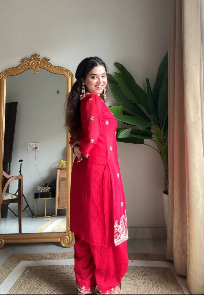 Pink chinon sequence embroidery work kurti salwar and dupatta
