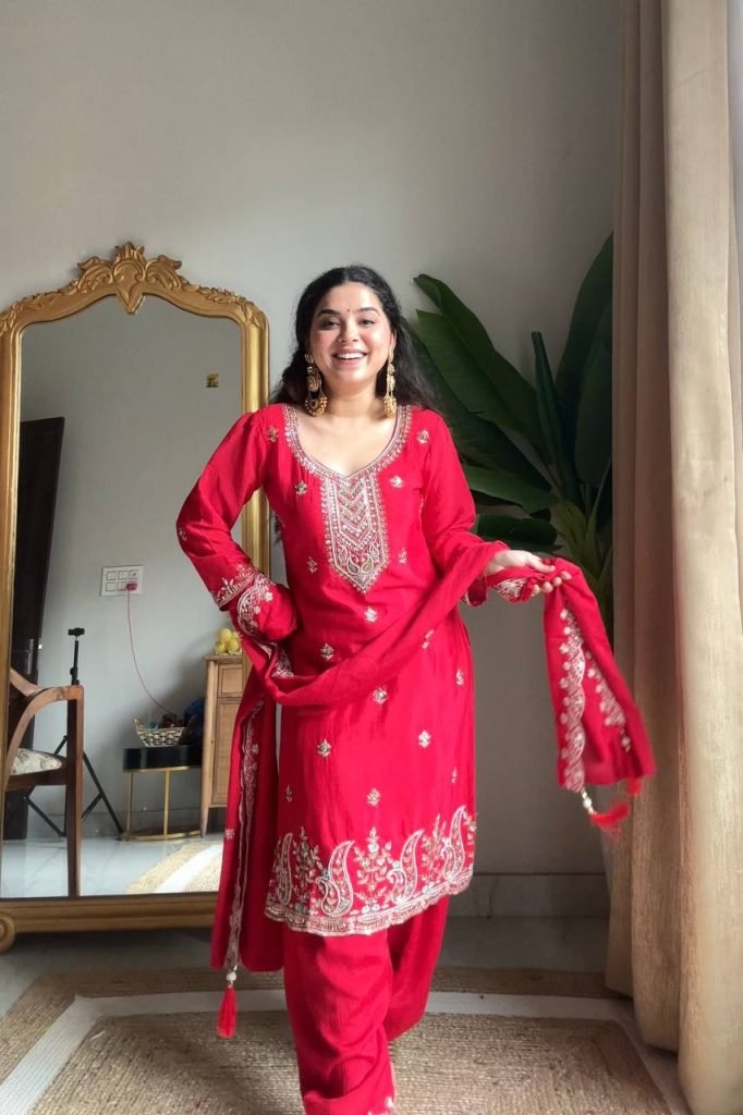 Pink chinon sequence embroidery work kurti salwar and dupatta