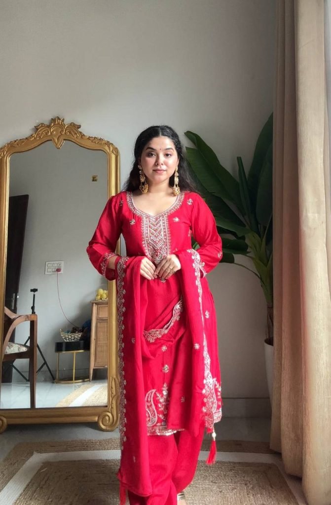 Pink chinon sequence embroidery work kurti salwar and dupatta