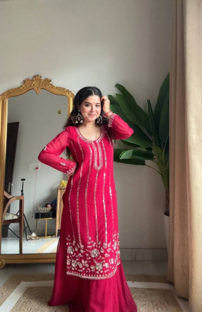 Pink georgette sequence embroidery work top sharara and dupatta