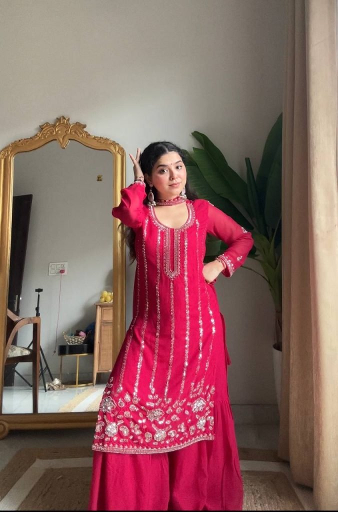 Pink georgette sequence embroidery work top sharara and dupatta