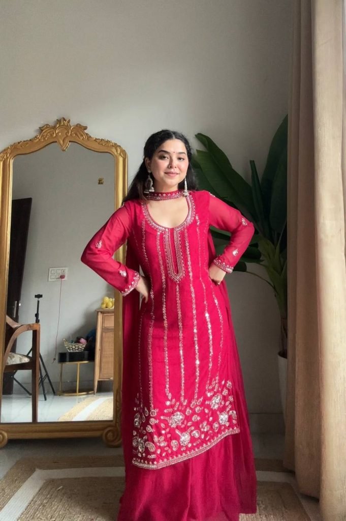 Pink georgette sequence embroidery work top sharara and dupatta