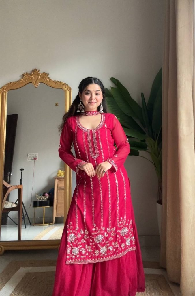 Pink georgette sequence embroidery work top sharara and dupatta