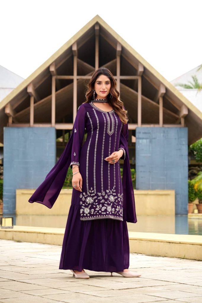 Pink georgette sequence embroidery work top sharara and dupatta