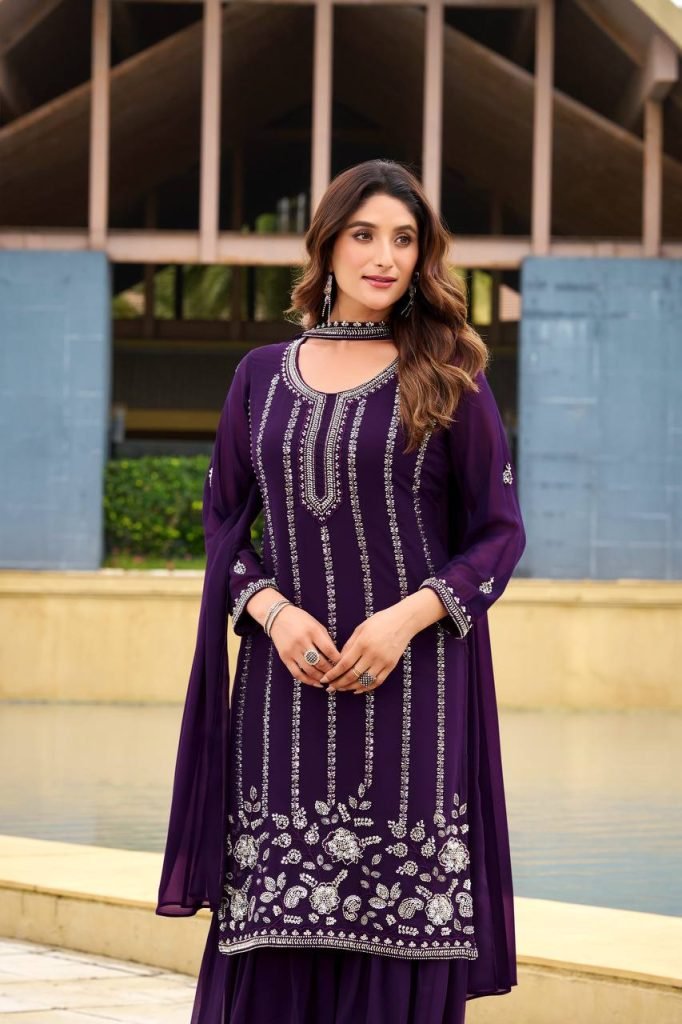 Pink georgette sequence embroidery work top sharara and dupatta