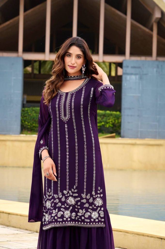 Pink georgette sequence embroidery work top sharara and dupatta