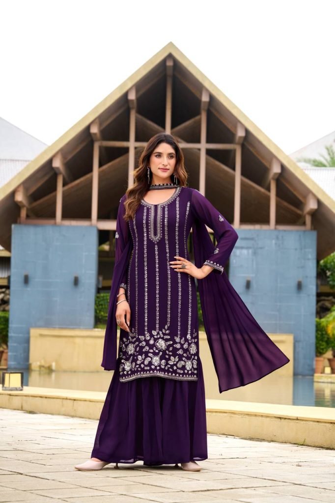 Pink georgette sequence embroidery work top sharara and dupatta