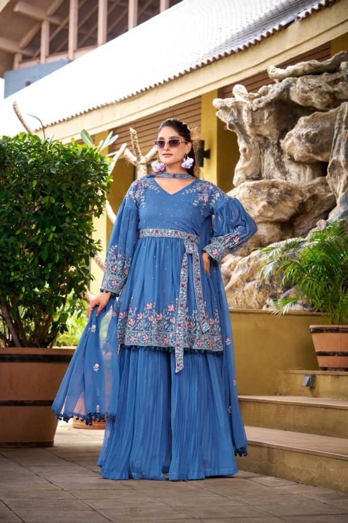 Blue georgette embroidery work kurti palazzo and dupatta set