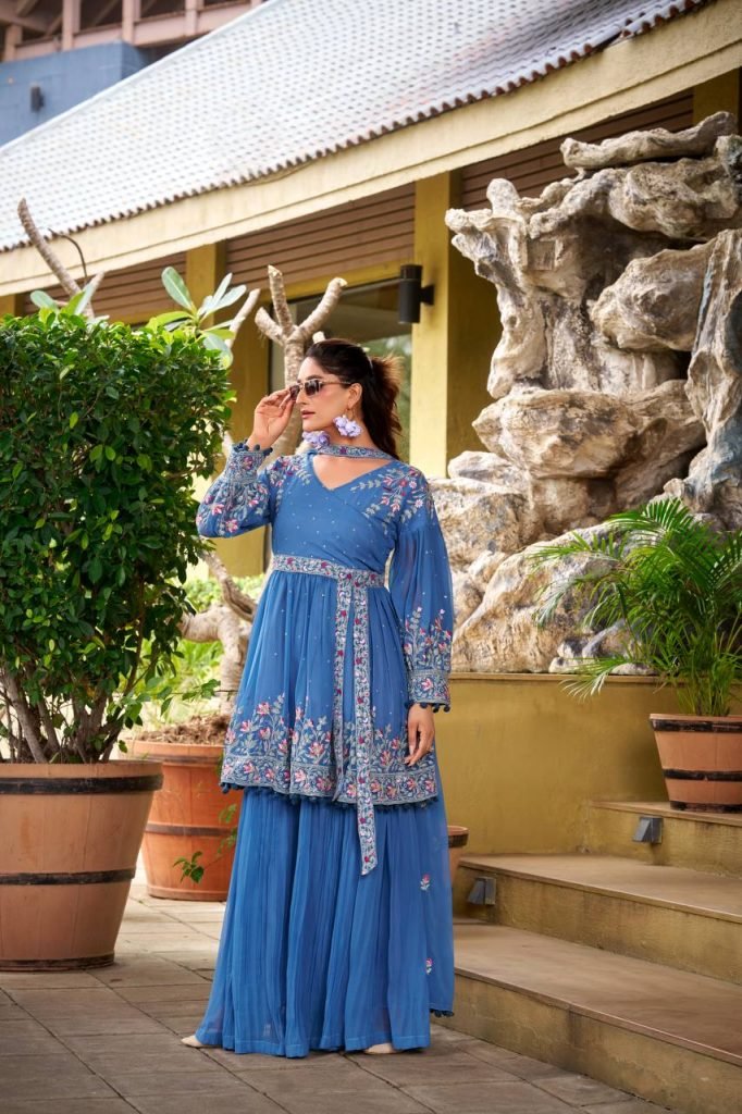 Blue georgette embroidery work kurti palazzo and dupatta set