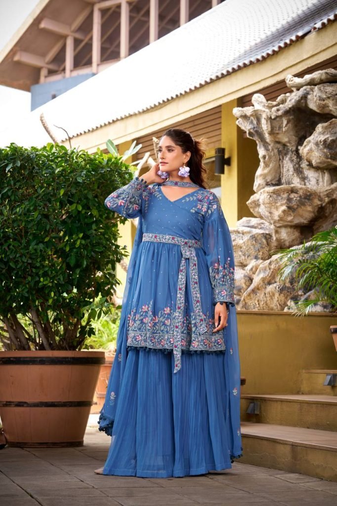 Blue georgette embroidery work kurti palazzo and dupatta set