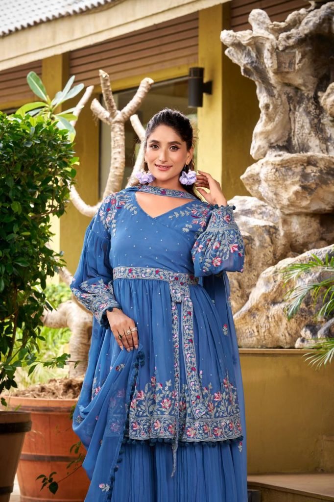 Blue georgette embroidery work kurti palazzo and dupatta set