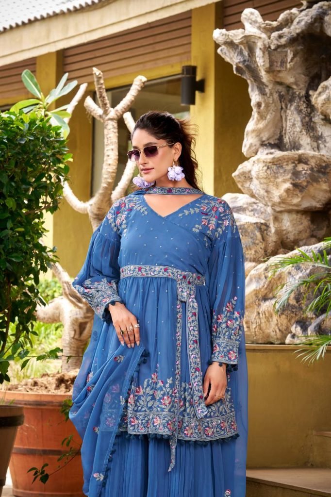 Blue georgette embroidery work kurti palazzo and dupatta set