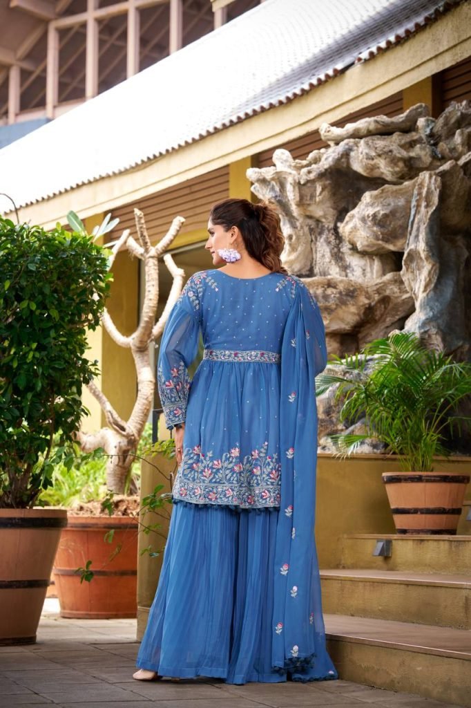 Blue georgette embroidery work kurti palazzo and dupatta set