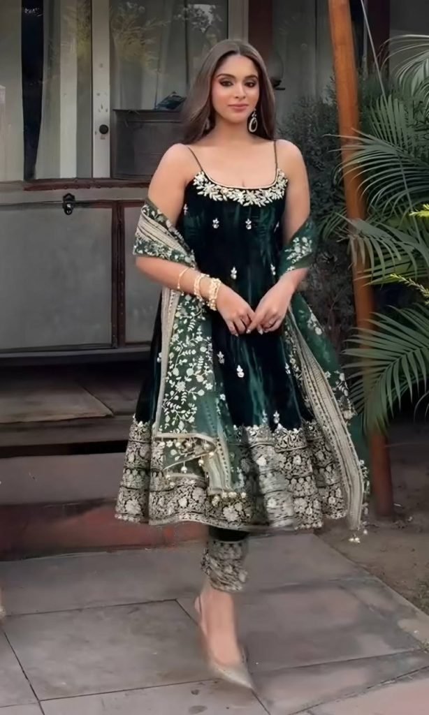 Dark green vichitra silk embroidered sequins & thread work anarkali suit set